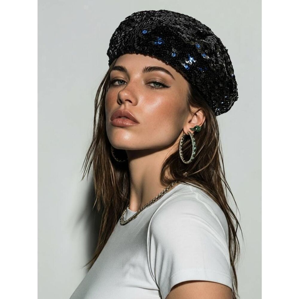 🔸️Vintage Black Sequined Beanie Beret Hat One Size